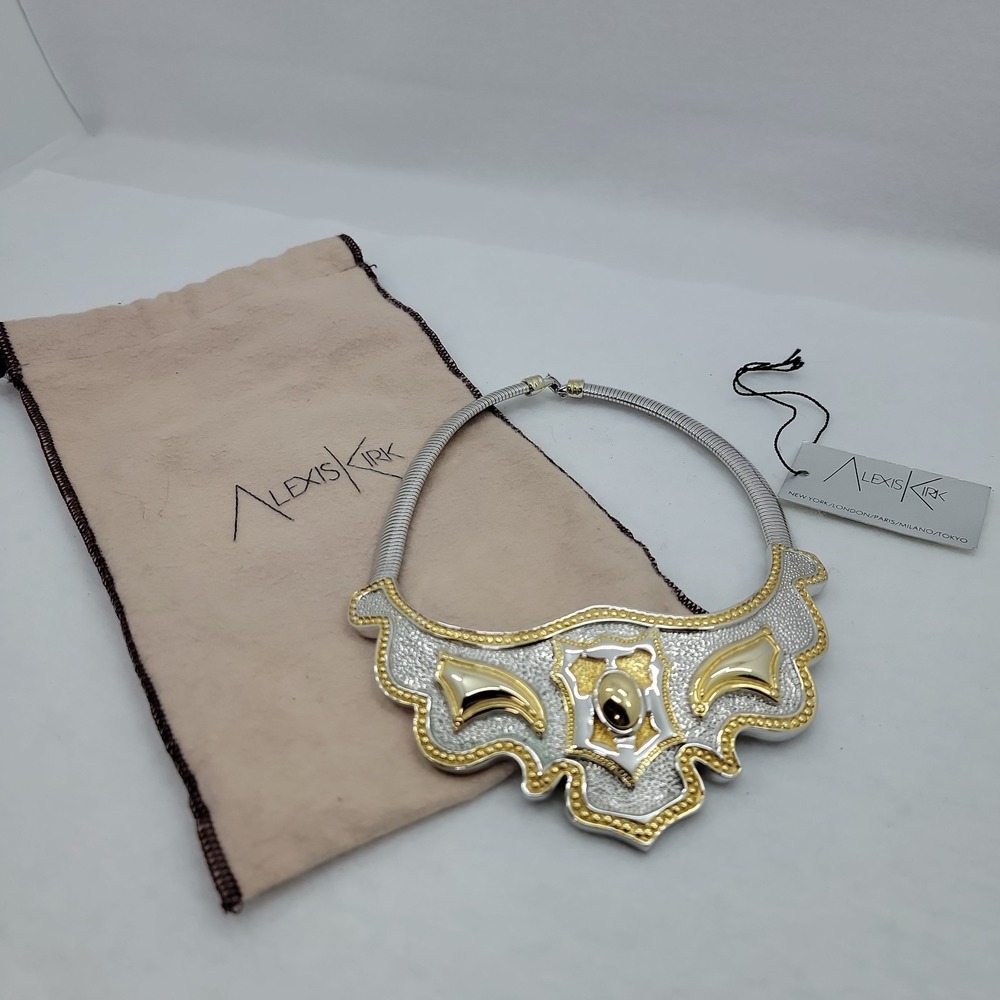 ALEXIS KIRK Signed Vintage 80s Gold Silvertone Necklace Bib Collar Choker Pouch